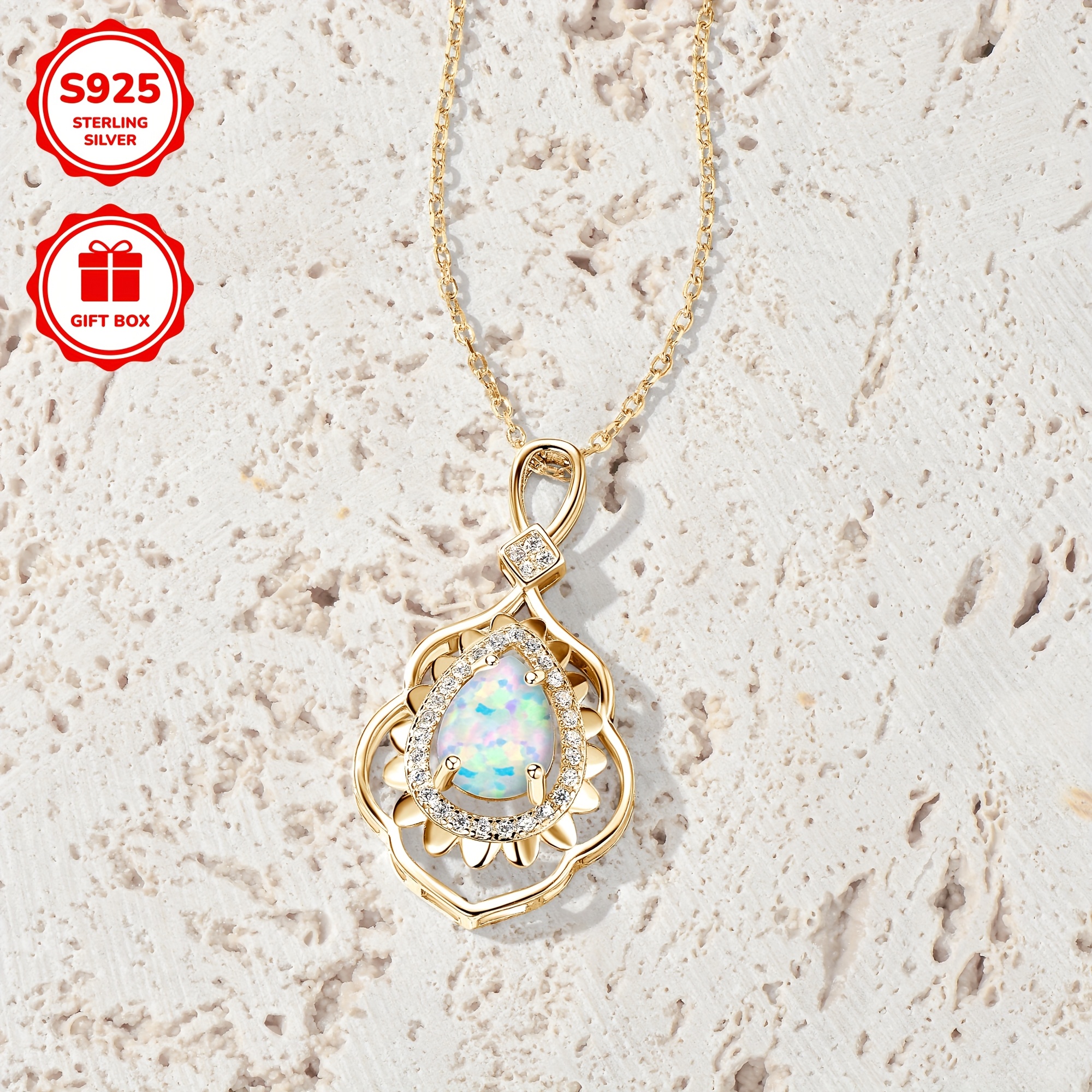 925 Silver Opal Pendant Necklace with Zirconia Studded - Bohemian Vintage Style
